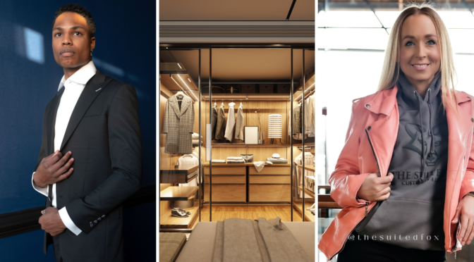 man in custom suit, woman in pink leather jacket and custom closet